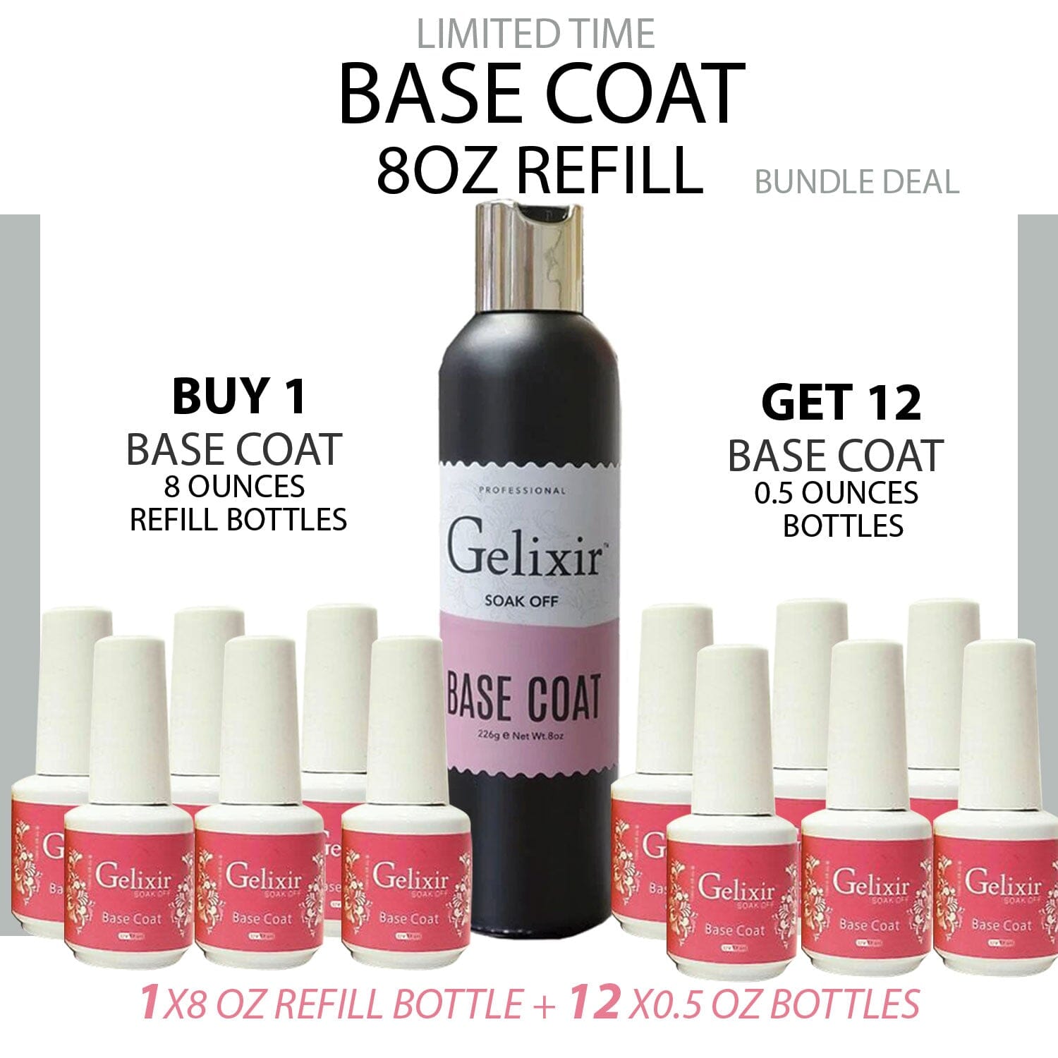 Gelixir Primer Gelixir Gel Base Coat Refill 8oz & 12 bottles 0.5oz