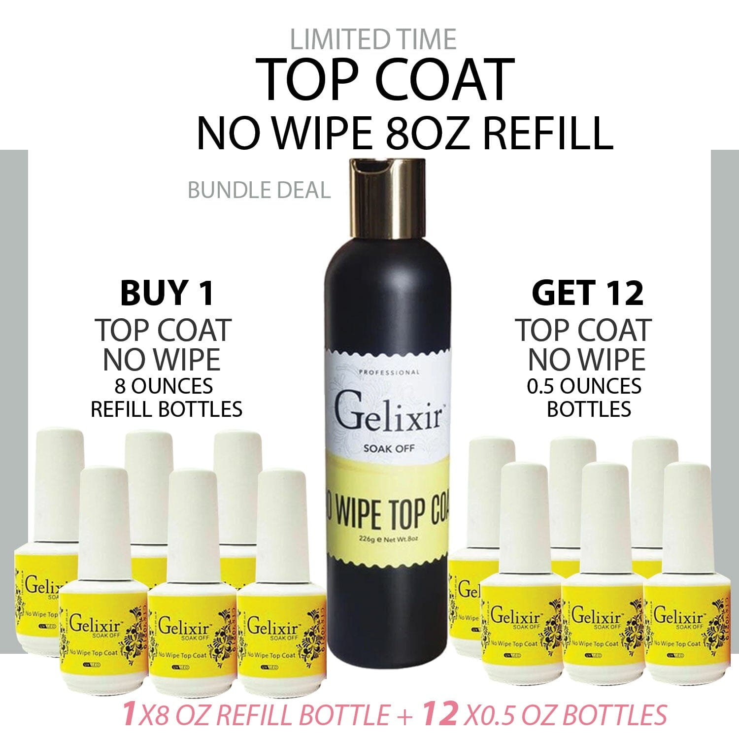 Gelixir Refill GELIXIR No Wipe Gel Top Coat Refill 8oz & 12 bottles 0.5oz