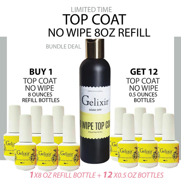 GELIXIR No Wipe Gel Top Coat Refill 8oz & 12 bottles 0.5oz