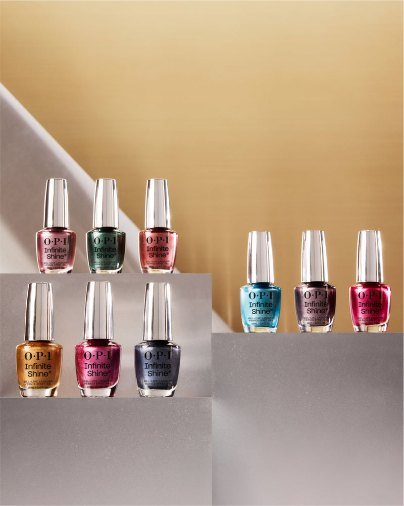 Bottles of OPI Infinite Shine Metallic Mega Mix collection on display