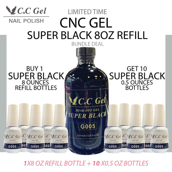 CnC Gel Super Black Refill 8oz & 10 bottles 0.5oz