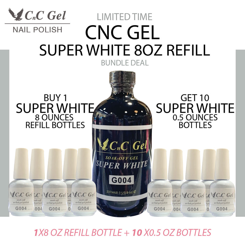 CnC Gel Super White Refill 8oz & 10 bottles 0.5oz