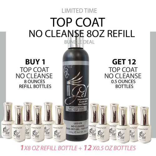 IGEL Gel Top Coat No Cleanse Refill 8oz & 12 Bottles 0.5oz