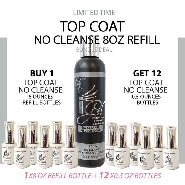IGEL Gel Top Coat No Cleanse Refill 8oz & 12 Bottles 0.5oz